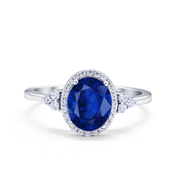 Halo Art Deco Oval Engagement Ring Simulated Blue Sapphire CZ 925 Sterling Silver